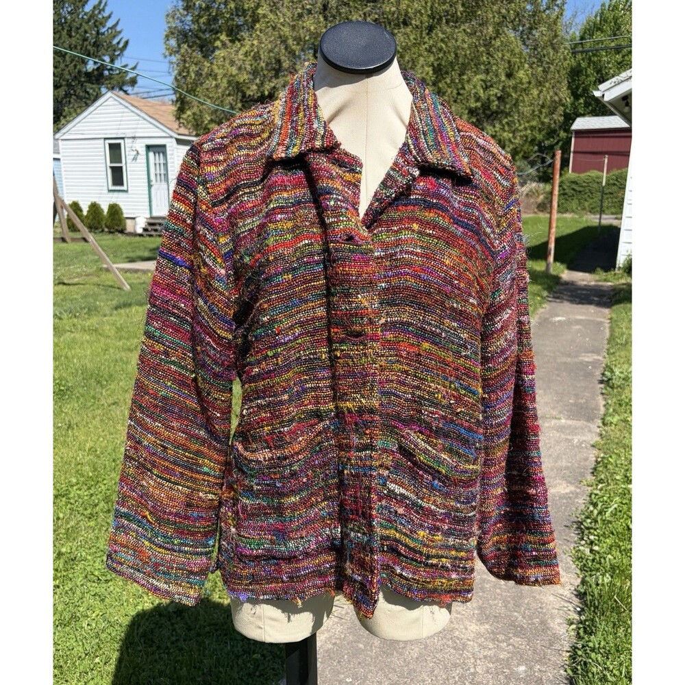 Vintage The Territory Ahead 100% Silk Colorful Woven Boho Artsy Jacket Sz M